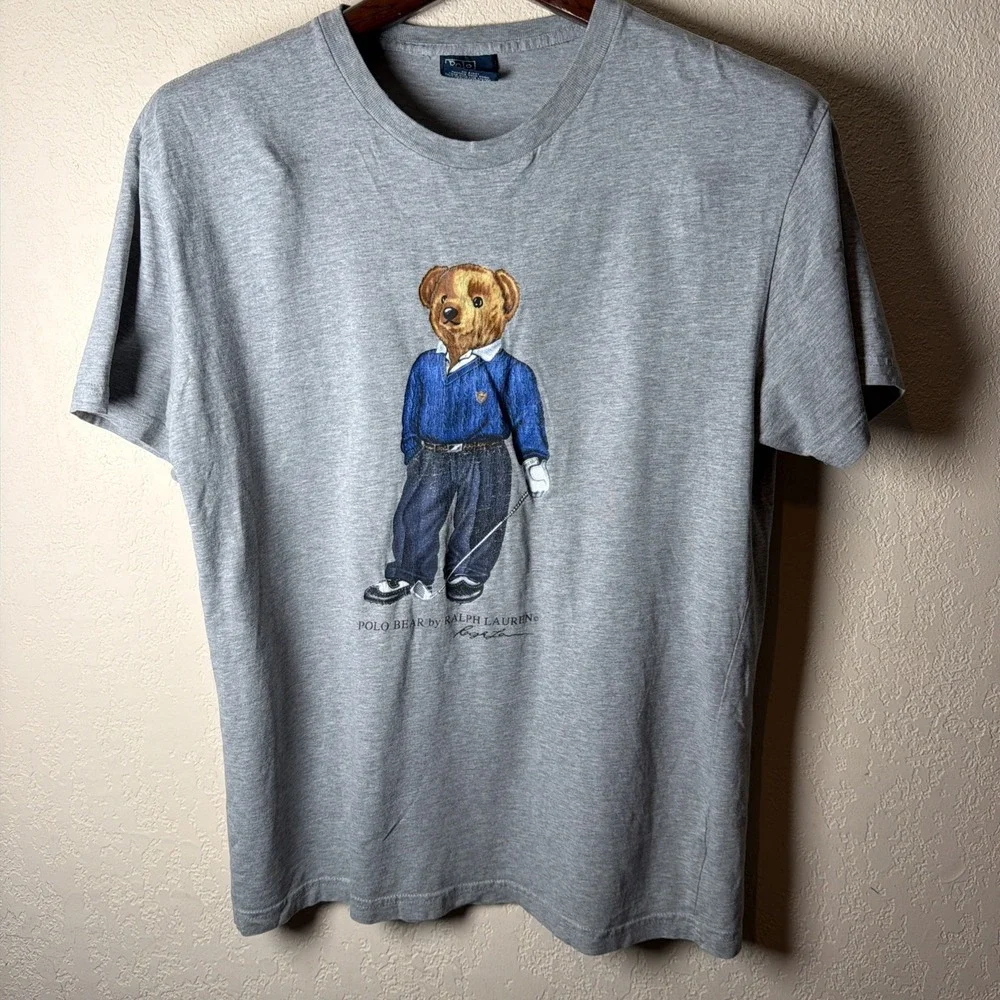 Vintage 90s Polo Ralph Lauren Mens T Shirt Golf Polo Bear Gray S rare